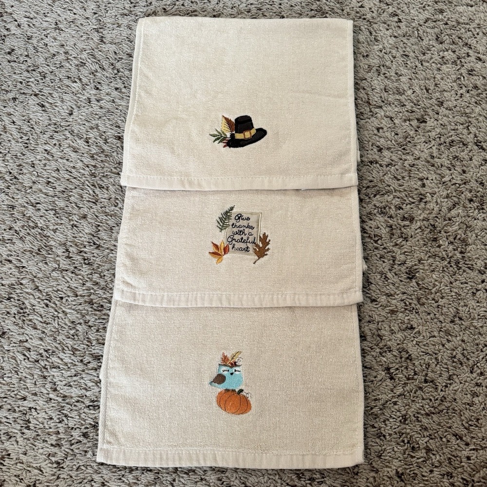 Avanti‎ Thanksgiving Hand Towels Embroidered Cotton Set of 3